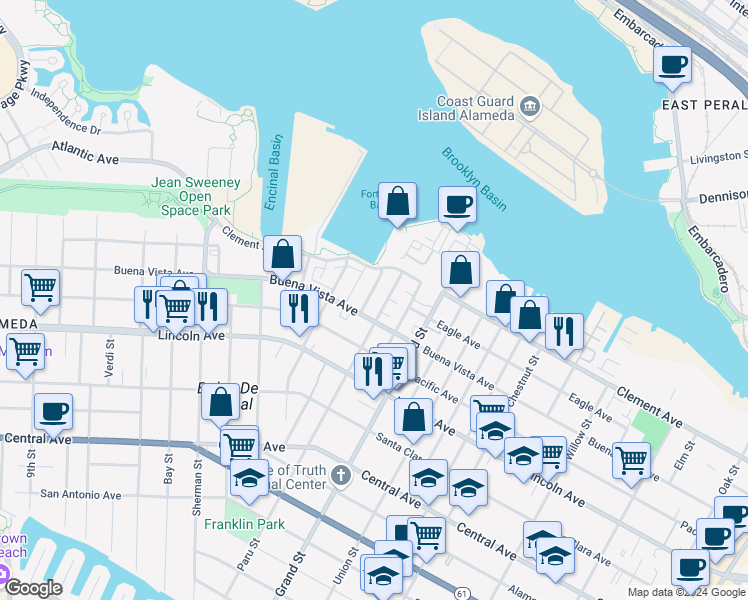 map of restaurants, bars, coffee shops, grocery stores, and more near 1820 Ohlone Street in Alameda