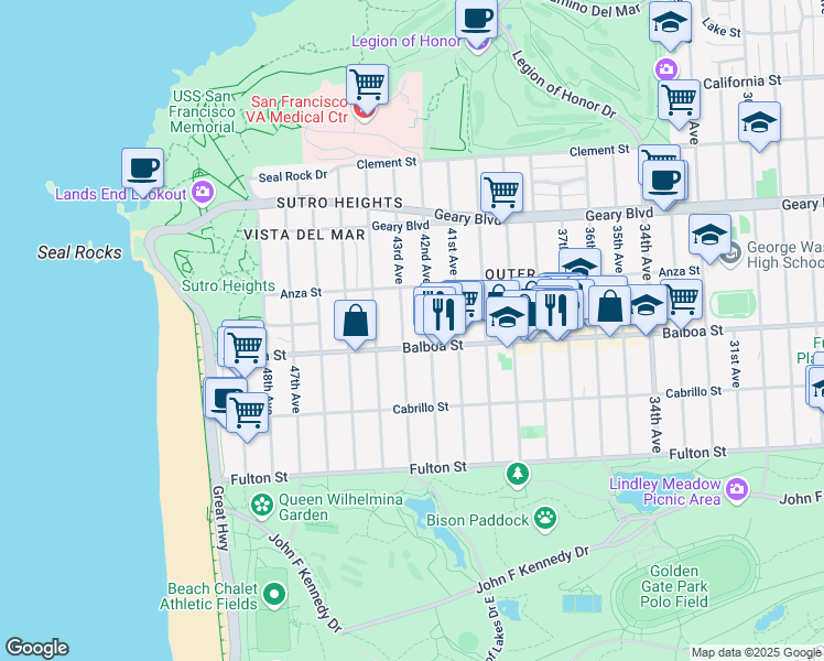 map of restaurants, bars, coffee shops, grocery stores, and more near 670 43rd Avenue in San Francisco