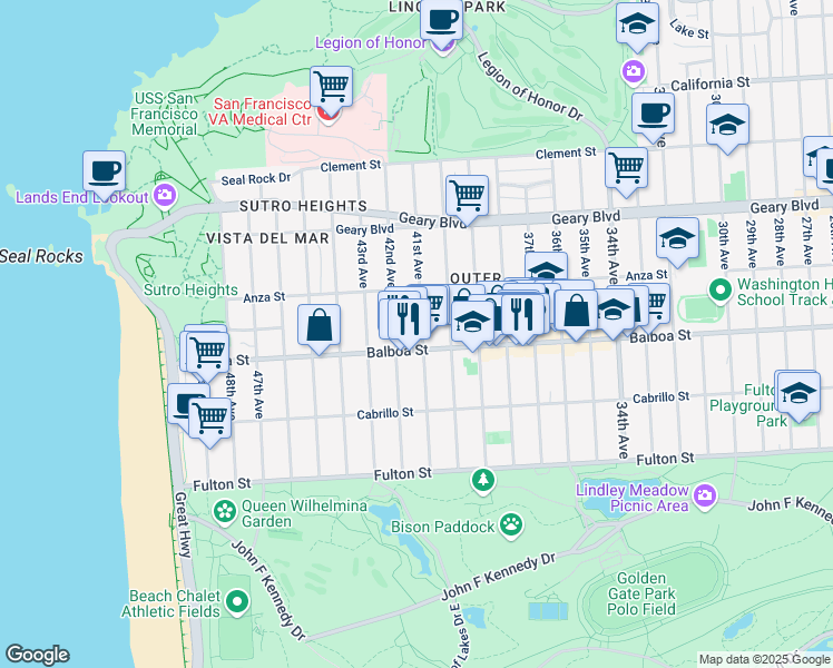 map of restaurants, bars, coffee shops, grocery stores, and more near 675 41st Avenue in San Francisco