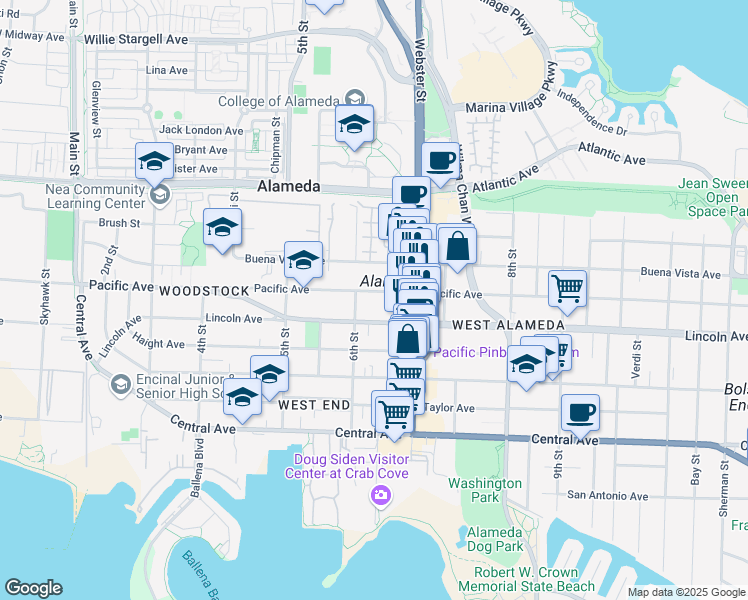map of restaurants, bars, coffee shops, grocery stores, and more near 616 Pacific Avenue in Alameda