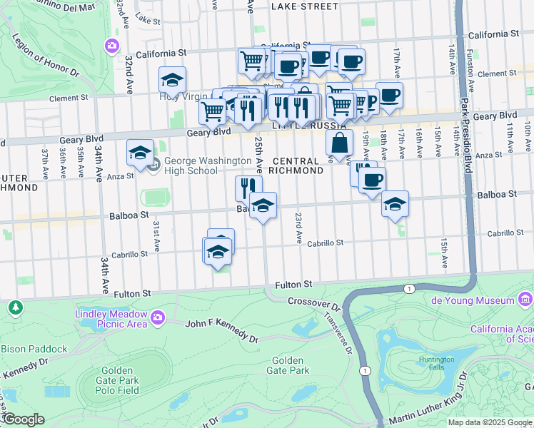 map of restaurants, bars, coffee shops, grocery stores, and more near 710 25th Avenue in San Francisco