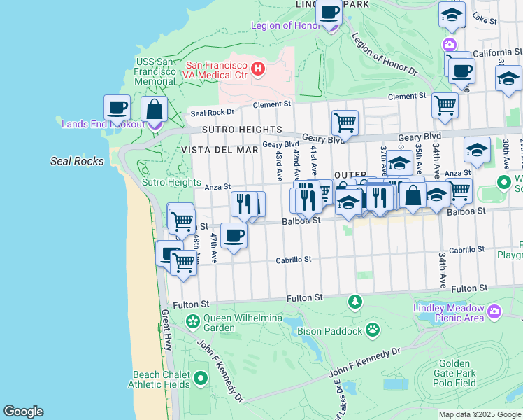 map of restaurants, bars, coffee shops, grocery stores, and more near 669 44th Avenue in San Francisco