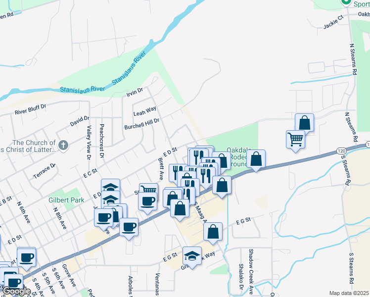 map of restaurants, bars, coffee shops, grocery stores, and more near 1525 East D Street in Oakdale