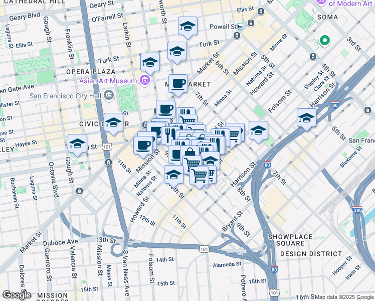 map of restaurants, bars, coffee shops, grocery stores, and more near 1208 Howard Street in San Francisco