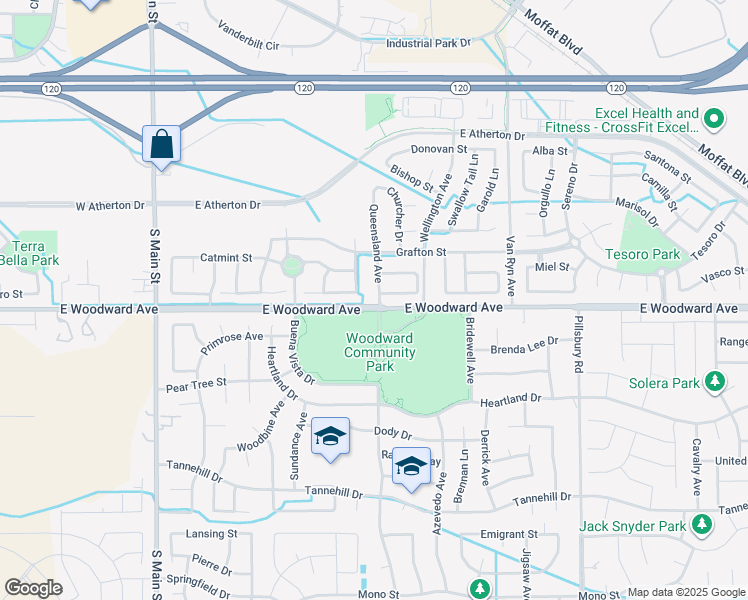 map of restaurants, bars, coffee shops, grocery stores, and more near 794 Wynyard Circle in Manteca