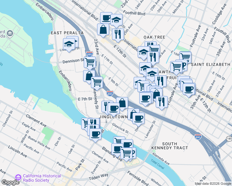 map of restaurants, bars, coffee shops, grocery stores, and more near 812 Lisbon Avenue in Oakland