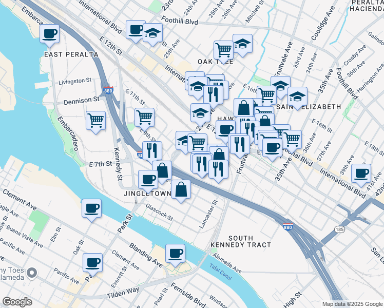 map of restaurants, bars, coffee shops, grocery stores, and more near 824 29th Avenue in Oakland
