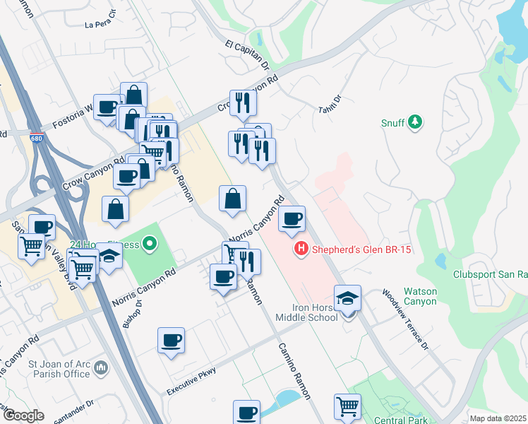 map of restaurants, bars, coffee shops, grocery stores, and more near 4708 Norris Canyon Road in San Ramon
