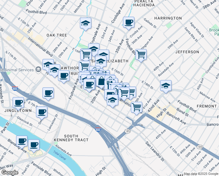 map of restaurants, bars, coffee shops, grocery stores, and more near 1414 36th Avenue in Oakland