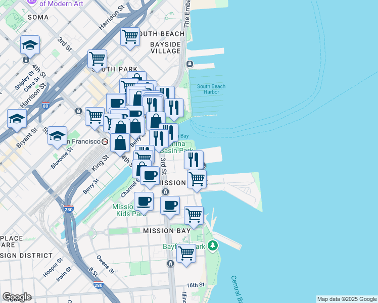 map of restaurants, bars, coffee shops, grocery stores, and more near 429 Terry A Francois Boulevard in San Francisco
