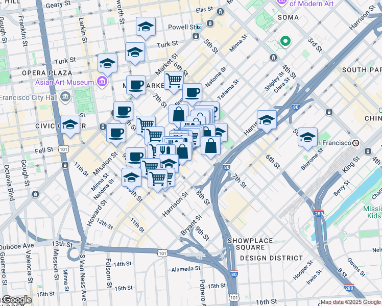 map of restaurants, bars, coffee shops, grocery stores, and more near 1136 Folsom Street in San Francisco
