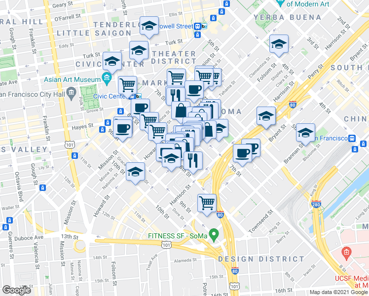 map of restaurants, bars, coffee shops, grocery stores, and more near 1136 Folsom Street in San Francisco