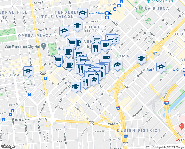 map of restaurants, bars, coffee shops, grocery stores, and more near 58 Sumner Street in San Francisco