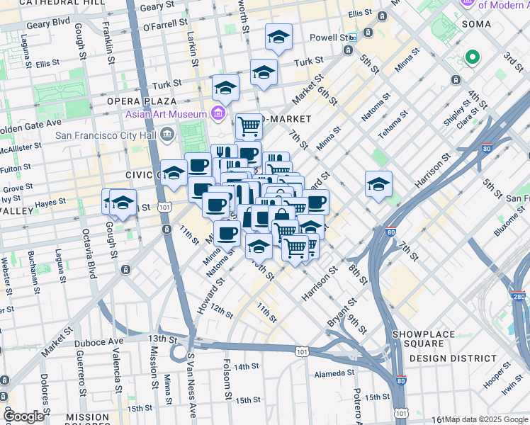 map of restaurants, bars, coffee shops, grocery stores, and more near 765 Minna Street in San Francisco