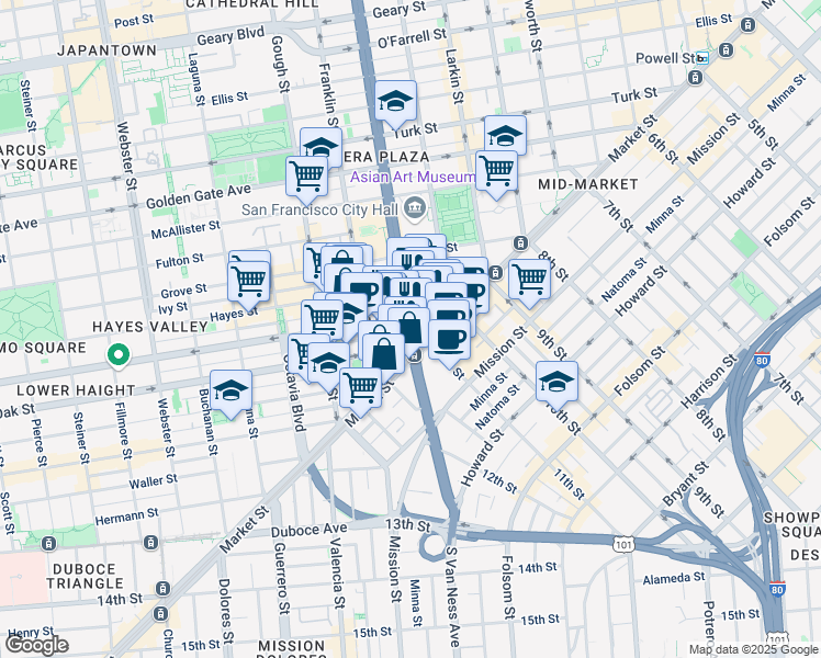 map of restaurants, bars, coffee shops, grocery stores, and more near in San Francisco