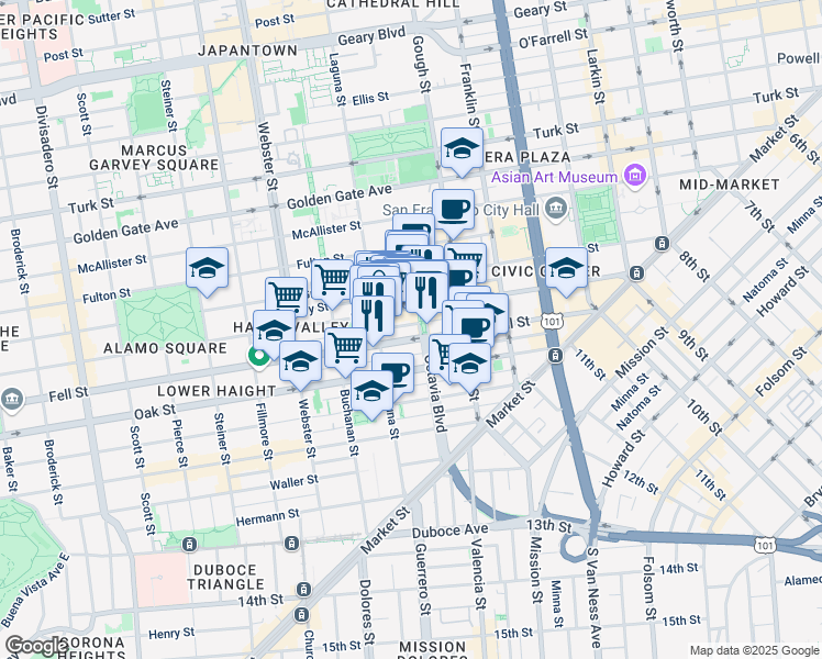map of restaurants, bars, coffee shops, grocery stores, and more near 542 Laguna Street in San Francisco