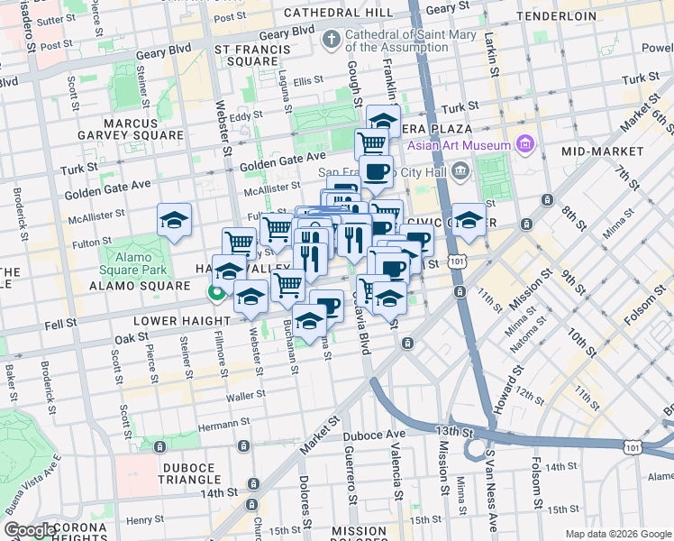 map of restaurants, bars, coffee shops, grocery stores, and more near 542 Laguna Street in San Francisco