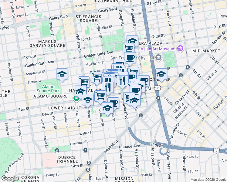 map of restaurants, bars, coffee shops, grocery stores, and more near 542 Laguna Street in San Francisco