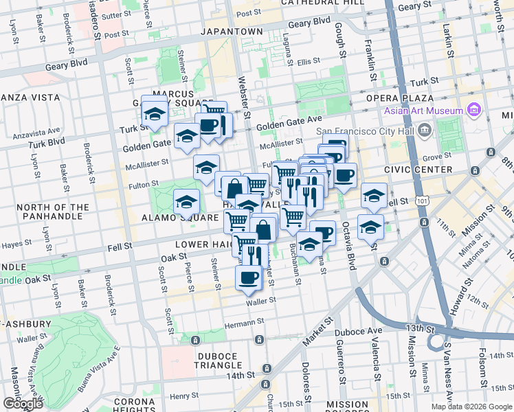 map of restaurants, bars, coffee shops, grocery stores, and more near in San Francisco