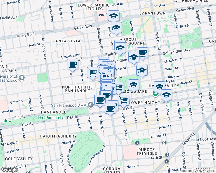 map of restaurants, bars, coffee shops, grocery stores, and more near 1280 Grove Street in San Francisco