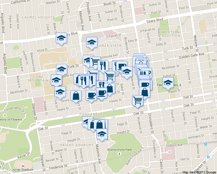 map of restaurants, bars, coffee shops, grocery stores, and more near 1615 Fulton Street in San Francisco