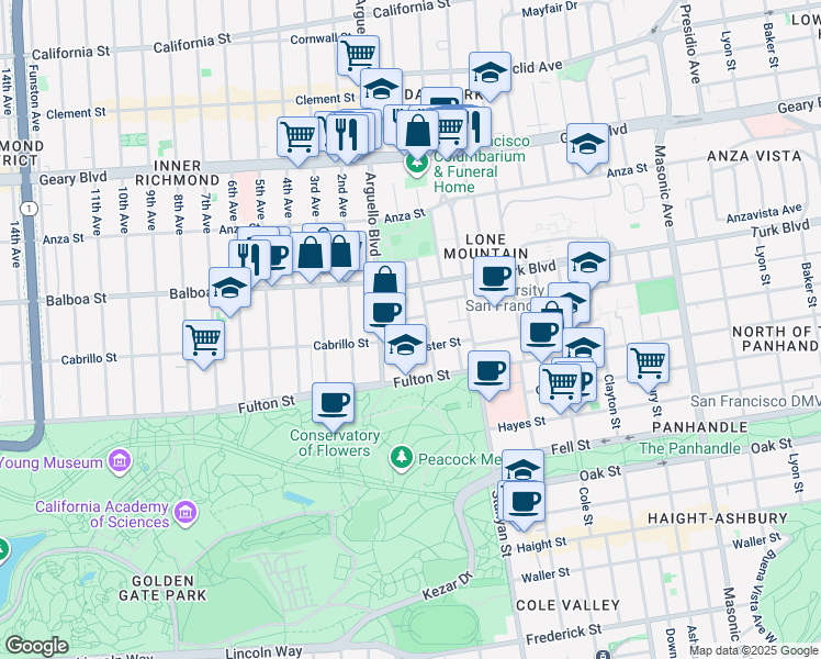 map of restaurants, bars, coffee shops, grocery stores, and more near 225 Willard North in San Francisco