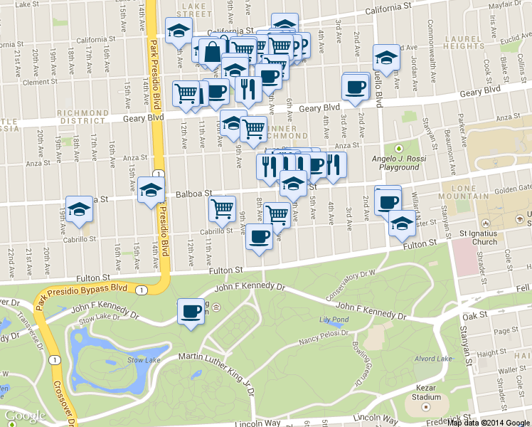 map of restaurants, bars, coffee shops, grocery stores, and more near 664a 8th Avenue in San Francisco
