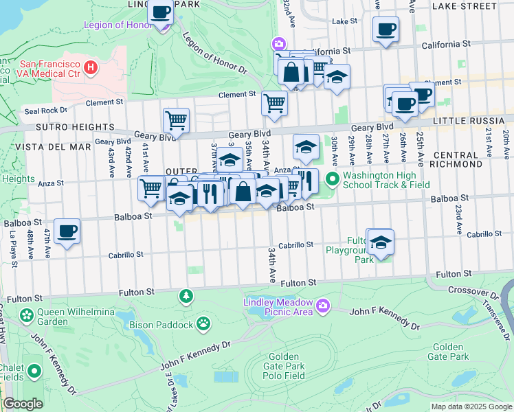 map of restaurants, bars, coffee shops, grocery stores, and more near 3314 Balboa Street in San Francisco