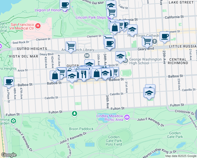map of restaurants, bars, coffee shops, grocery stores, and more near 3446 Balboa Street in San Francisco