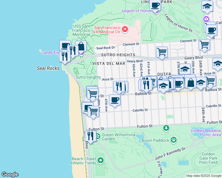 map of restaurants, bars, coffee shops, grocery stores, and more near 45 Sutro Heights Avenue in San Francisco