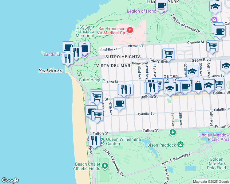 map of restaurants, bars, coffee shops, grocery stores, and more near 45 Sutro Heights Avenue in San Francisco