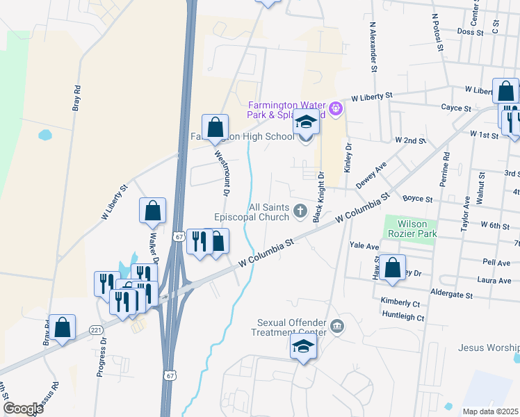 map of restaurants, bars, coffee shops, grocery stores, and more near 206 Hyler Drive in Farmington
