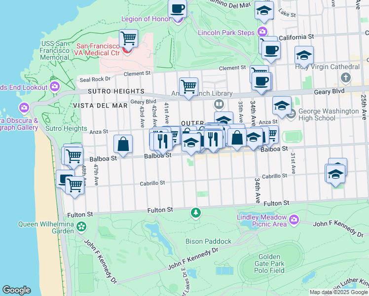 map of restaurants, bars, coffee shops, grocery stores, and more near 678 40th Avenue in San Francisco