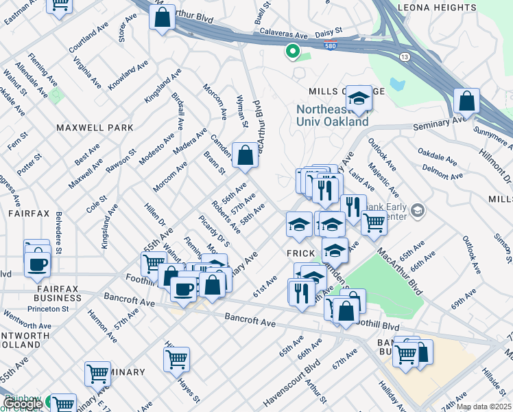 map of restaurants, bars, coffee shops, grocery stores, and more near 3021 58th Avenue in Oakland