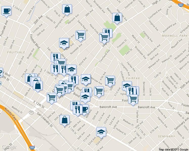 map of restaurants, bars, coffee shops, grocery stores, and more near 2120 45th Avenue in Oakland