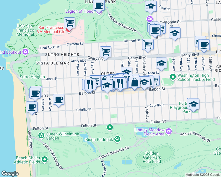 map of restaurants, bars, coffee shops, grocery stores, and more near 682 39th Avenue in San Francisco