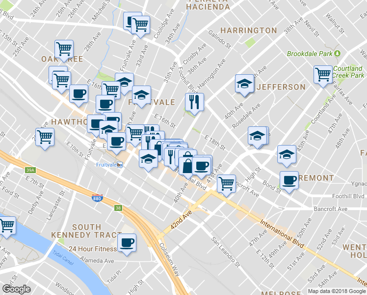map of restaurants, bars, coffee shops, grocery stores, and more near 1538 38th Avenue in Oakland