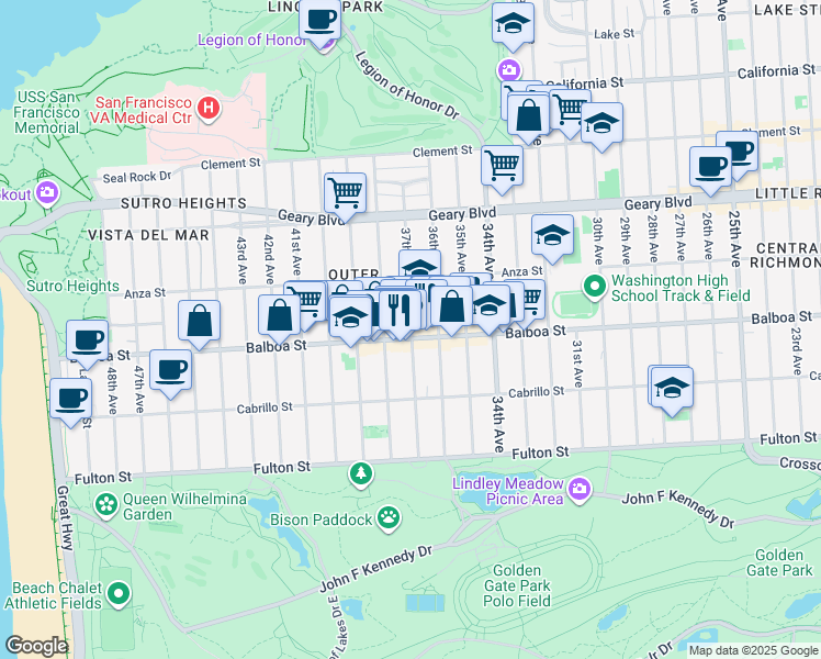 map of restaurants, bars, coffee shops, grocery stores, and more near 698-654 37th Avenue in San Francisco
