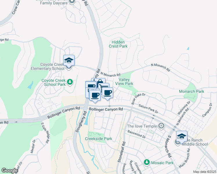 map of restaurants, bars, coffee shops, grocery stores, and more near 2221 Amaryllis Circle in San Ramon