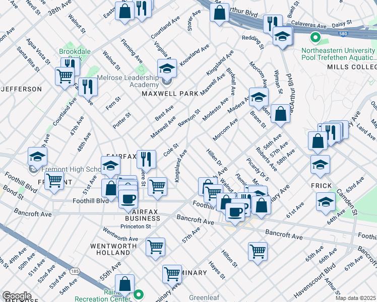 map of restaurants, bars, coffee shops, grocery stores, and more near 2650 Kingsland Avenue in Oakland