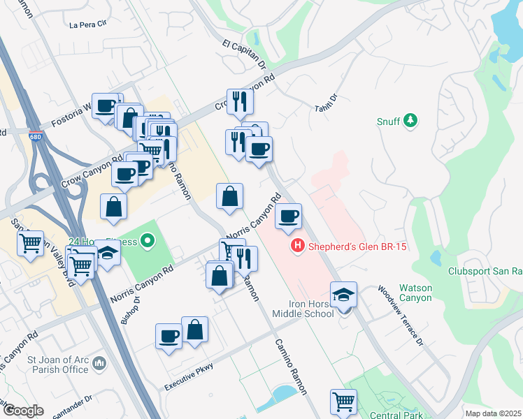 map of restaurants, bars, coffee shops, grocery stores, and more near 4704 Norris Canyon Road in San Ramon