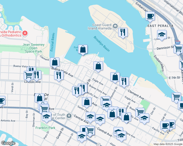 map of restaurants, bars, coffee shops, grocery stores, and more near 1937 Grand Street in Alameda