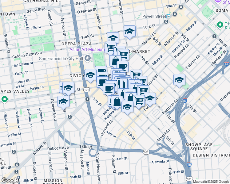 map of restaurants, bars, coffee shops, grocery stores, and more near 1321 Mission Street in San Francisco