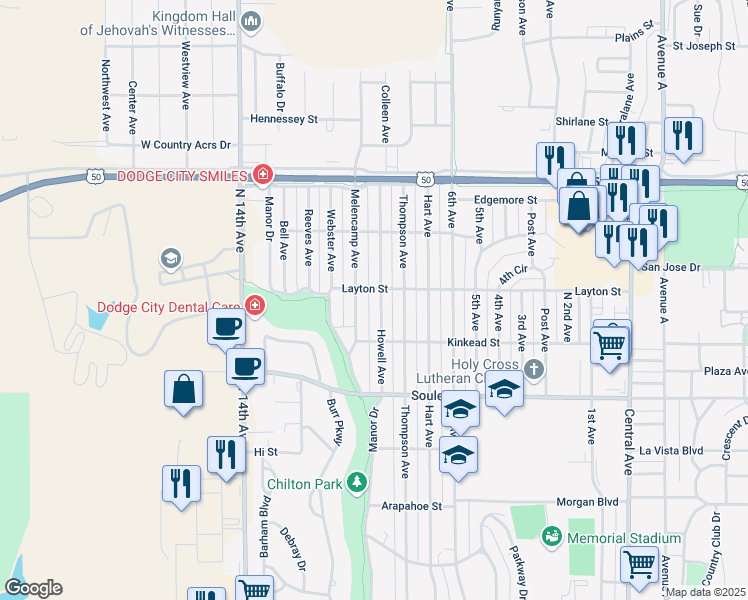 map of restaurants, bars, coffee shops, grocery stores, and more near 2321 Howell Avenue in Dodge City
