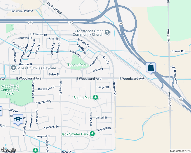 map of restaurants, bars, coffee shops, grocery stores, and more near 1789 Tasca Place in Manteca