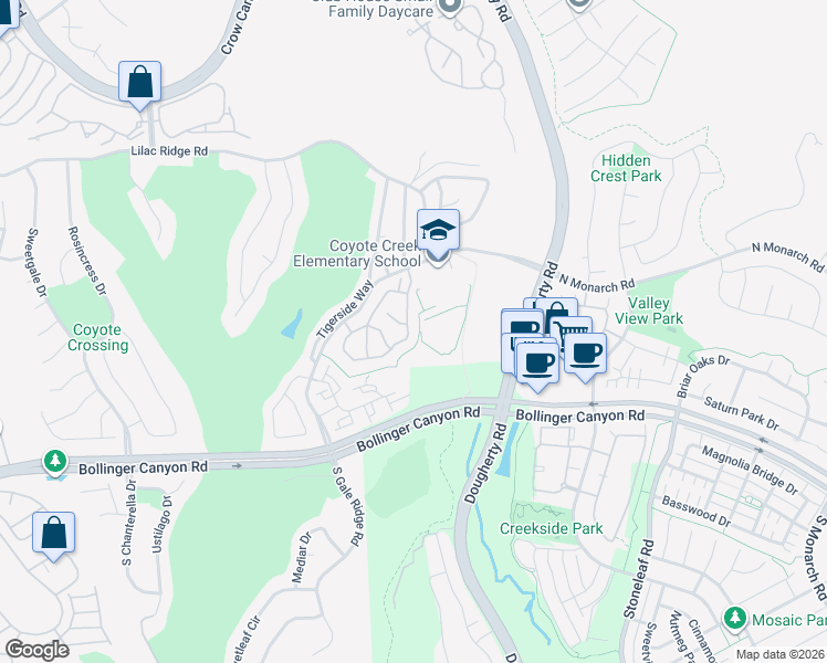 map of restaurants, bars, coffee shops, grocery stores, and more near 7217 Briza Loop in San Ramon