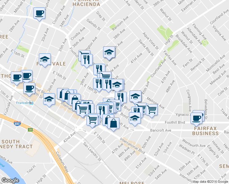 map of restaurants, bars, coffee shops, grocery stores, and more near 1914 42nd Avenue in Oakland