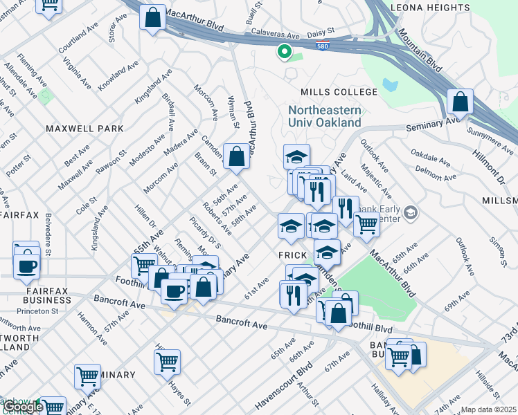 map of restaurants, bars, coffee shops, grocery stores, and more near 3044 58th Avenue in Oakland