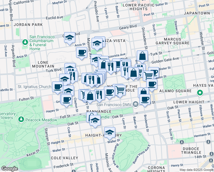 map of restaurants, bars, coffee shops, grocery stores, and more near Fulton St & Central Ave in San Francisco