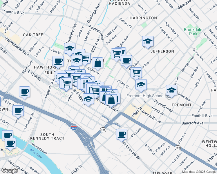 map of restaurants, bars, coffee shops, grocery stores, and more near 1601 39th Avenue in Oakland